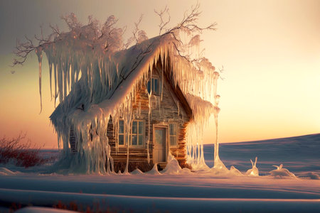 small hut completely covered with thawed icicle on houseの写真素材