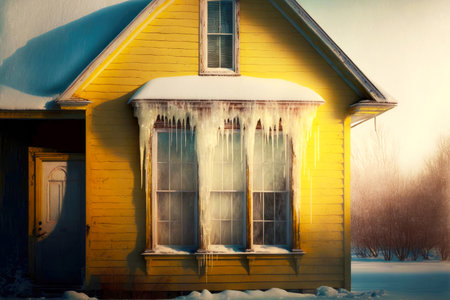 clear frosty day and yellow house with icicle on house on windowの写真素材