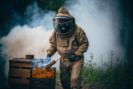 beekeeper in tight protective suit with smoke bomb on apiaryの写真素材