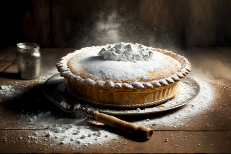 sweet closed ale pie with powdered sugar on tableの写真素材