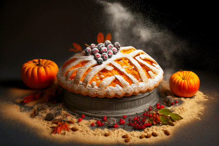 autumn pastries braided ale pie in powdered sugar with fruitの写真素材
