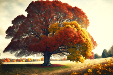 fluffy sprawling tree in field during autumn leaf fallの写真素材