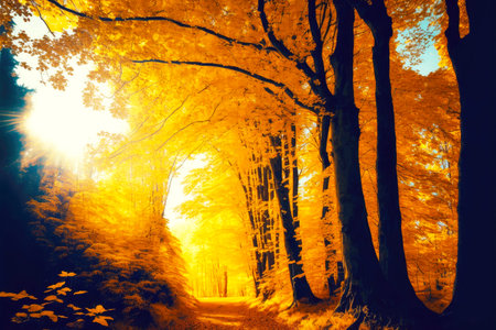 yellow orange forest during autumn leaf fall on sunny dayの写真素材