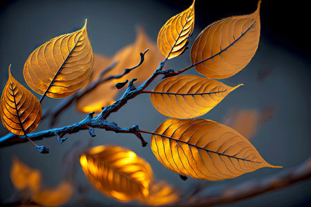 golden dried leaves on tree branch during autumn leaf fallの写真素材
