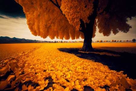 land covered with yellow leaves after autumn leaf fallの写真素材