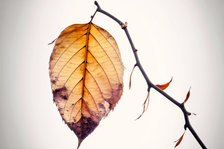 thin tree branch with dried leaves autumn leaf fallの写真素材