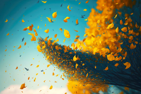yellow dry leaves fly across sky during autumn leaf fallの写真素材