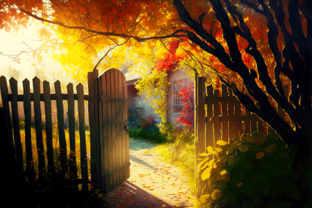 autumn garden after autumn leaf fall on sunny dayの写真素材