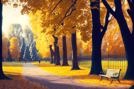 autumn picture with deserted park and trees with autumn leaf fall