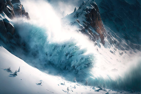 winter avalanche from peak of mountain extreme situationの写真素材