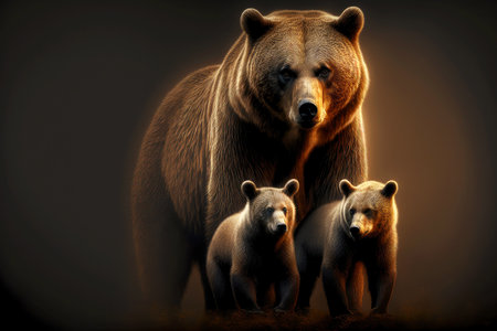 brown predatory bear with cubs on dark blurry backgroundの写真素材