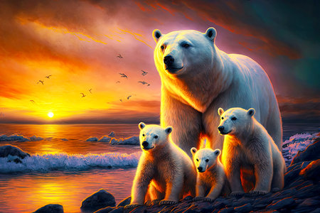 family of white bear with cubs on shore against backdrop of sunset skyの写真素材