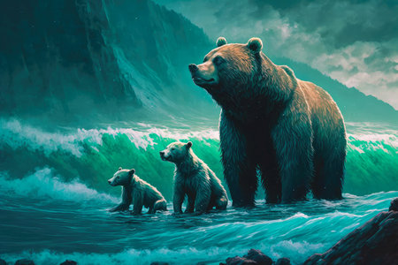 large predatory bear with cubs in north against background of blue green oceanの写真素材