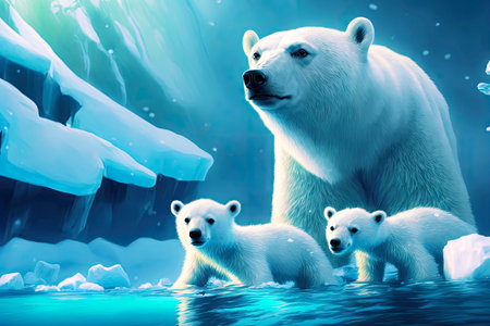 white cute bear with cubs on background of blue ice floesの写真素材