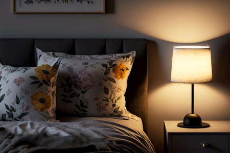 bed with pillows next to bedside lamp with lampshade