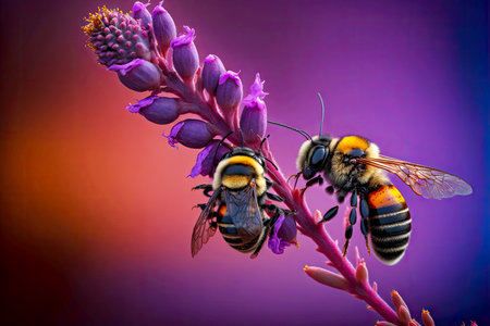 small purple bee flower on stem and bee sitting on themの写真素材