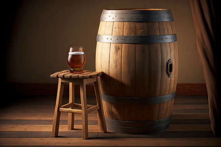 oak beer barrel and next to it stands wooden chair