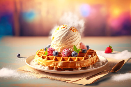 delicious belgian waffles with ice cream for morning on plate on blurred backgroundの写真素材