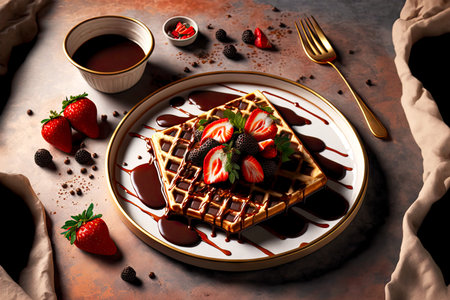 belgian waffles with chocolate syrup and strawberries on plate on marble tableの写真素材