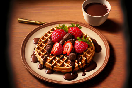belgian waffles in chocolate sauce with strawberries on plate for breakfastの写真素材
