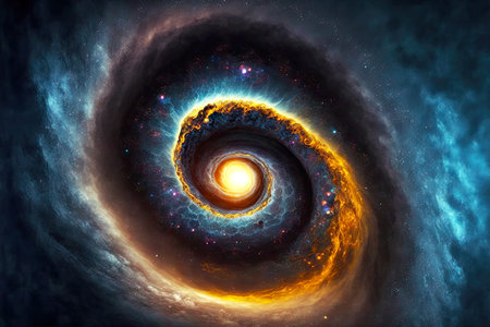 blue yellow spiral nebula in galactic e as black hole singularityの写真素材