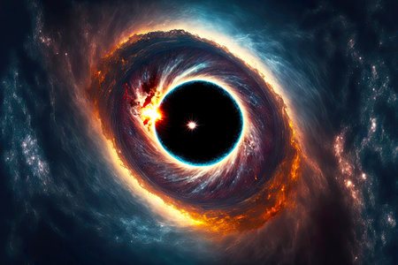 representation of astronomical phenomenon of black hole singularity in skyの写真素材