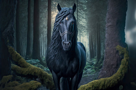 slender black horse with horn in fairy-tale forest