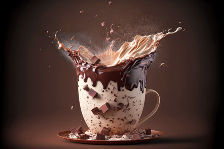 large cup of milk filled with dark hot chocolate and chocolate splashの写真素材
