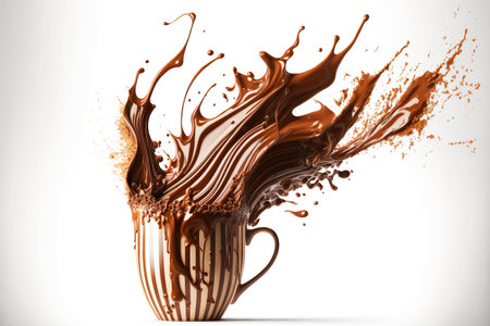 hot chocolate with flowing chocolate splash on white backgroundの写真素材