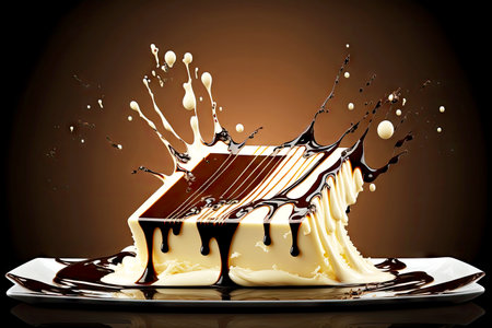 sweet white chocolate dessert on transparent plate with chocolate splash