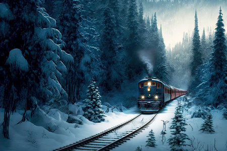 polar express train travels by rail among dense forest