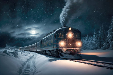 night winter railway and polar express train rides on it
