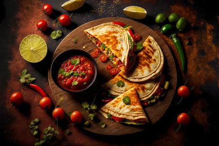 crispy grilled quesadillas in salsa sauce with red tomatoesの写真素材