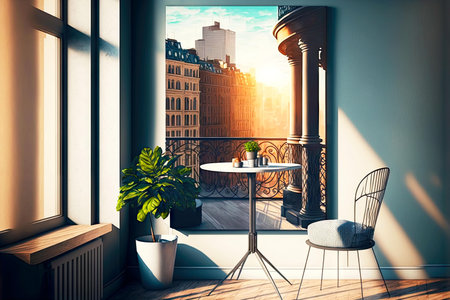 cozy balcony with chair and table against background of city buildings, generative aiの素材