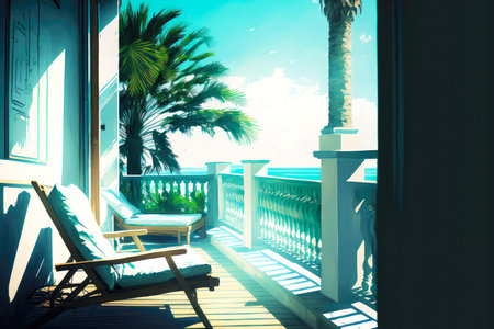 coastal city balcony with sun lounger and palm tree, generative aiの素材
