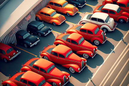 large parking lot in city and small red hot rods, generative aiの素材