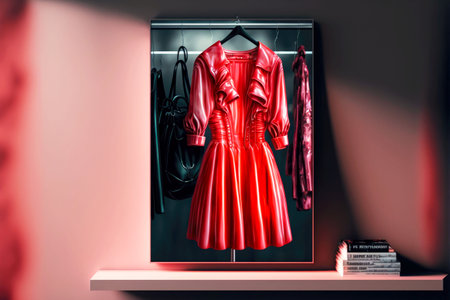 light red dress on a hanger in the store against background of racks with accessories, generative aiの素材