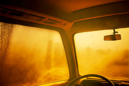 thick yellowish-brown mist in the car because of bacteria in the cabin, generative aiの素材