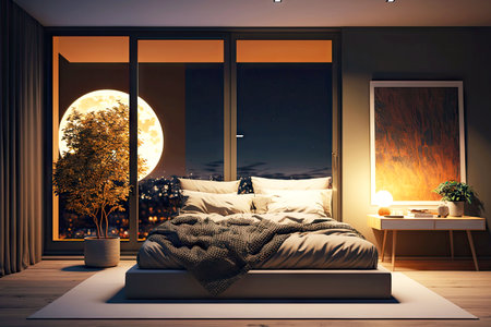 interior of room with large window in beige tonal colors modern bedroom at night, generative aiの素材