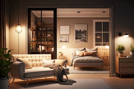 home interior of room in beige color with comfortable modern sofa and bedroom at night, generative aiの素材
