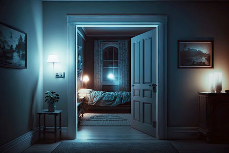 entrance to bedroom at night illuminated by lights from street lamp, generative aiの素材