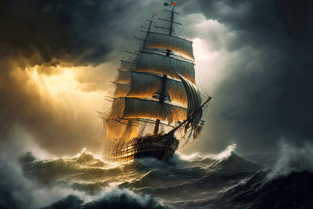 large sailing ship on rough sea in storm with lightning and rain