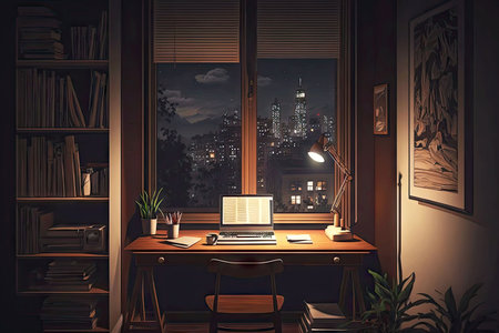 brown study desk under window in dark bedroom at night, generative aiの素材