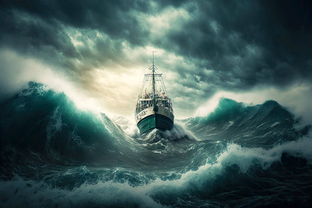sea storm on ocean and ship in middle of rough sea boat in a rough sea, generative aiの素材