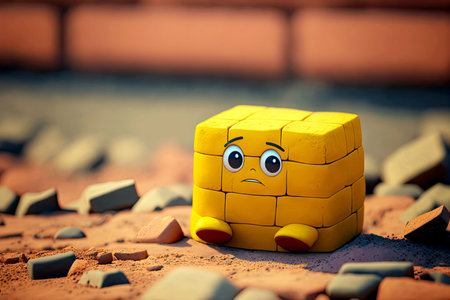 small yellow cute cartoon character brick sitting on earths surface, generative aiの素材
