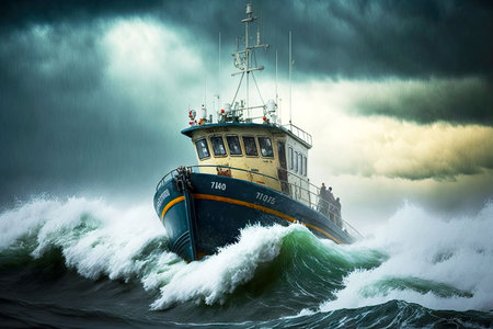 stormy weather at sea rough seas boat going to rescue people, generative aiの素材
