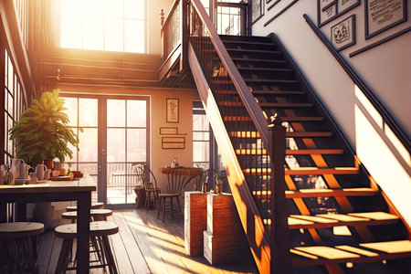 wooden stairs leading to empty loft cafe on sunny day, generative aiの素材