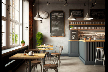 commercial premises of empty loft cafe on gray background, generative aiの素材