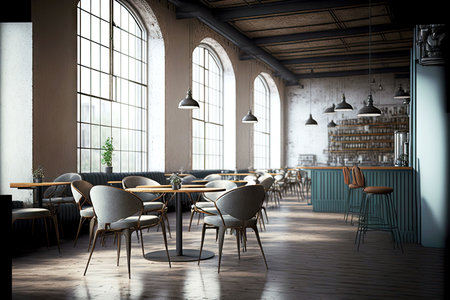 interior of modern empty loft cafe with chairs on floor, generative aiの素材
