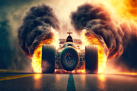 powerful racing car at drag racing start leaves behind smoke of burning tiresの写真素材